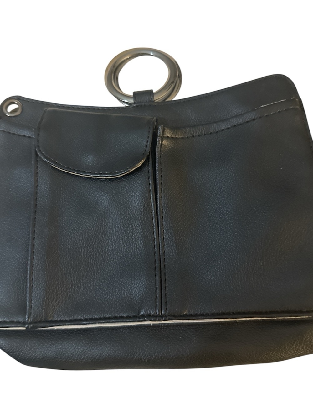 Pouchee Black Leather Baby Bag with Silver Ring Handle organizer also new